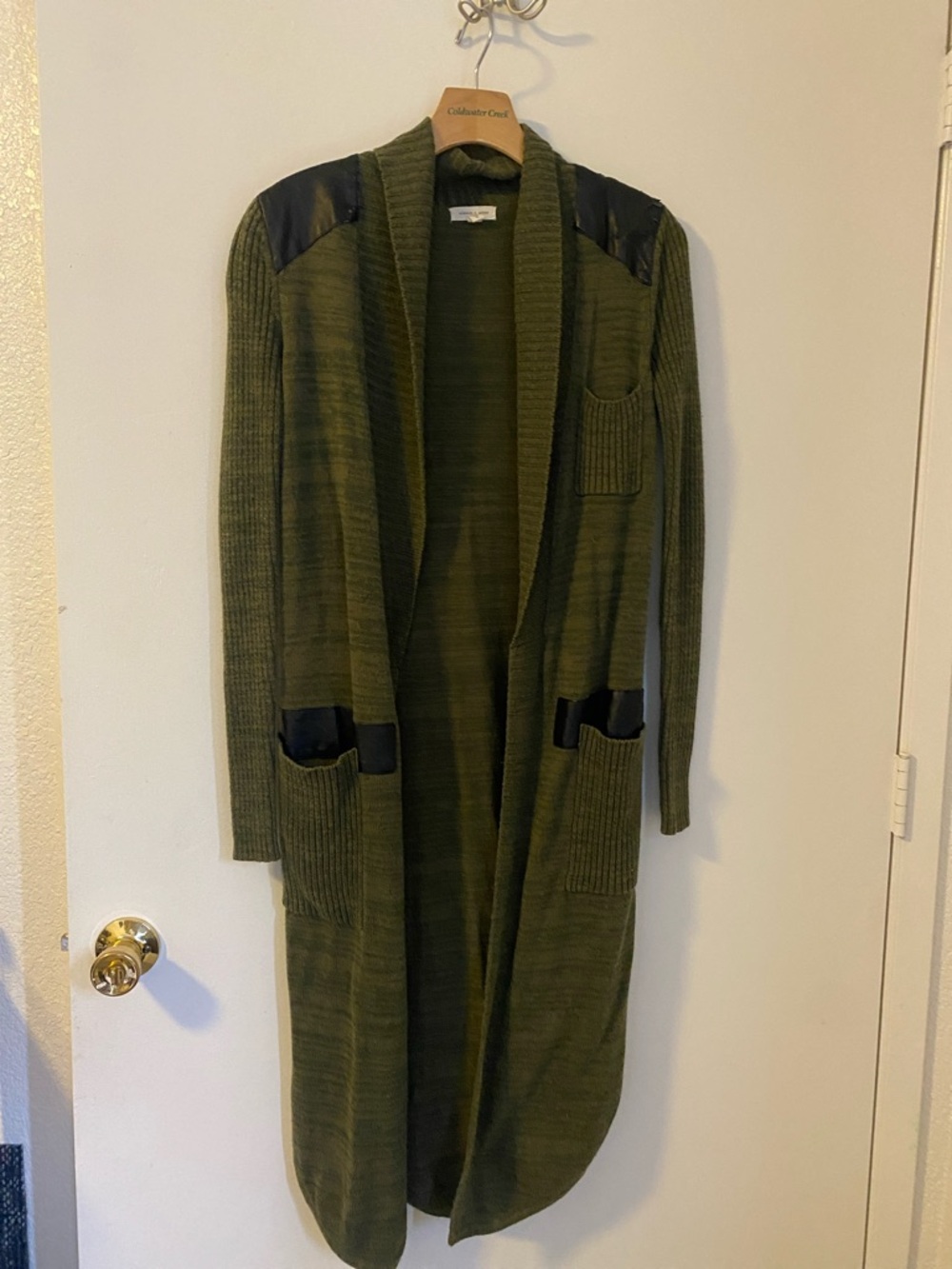 silence + noise Olive Green Long Open Cardigan with Black Shoulder Trim